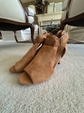 YDN Tan Suede Open-Toe Ankle-Strap Heels